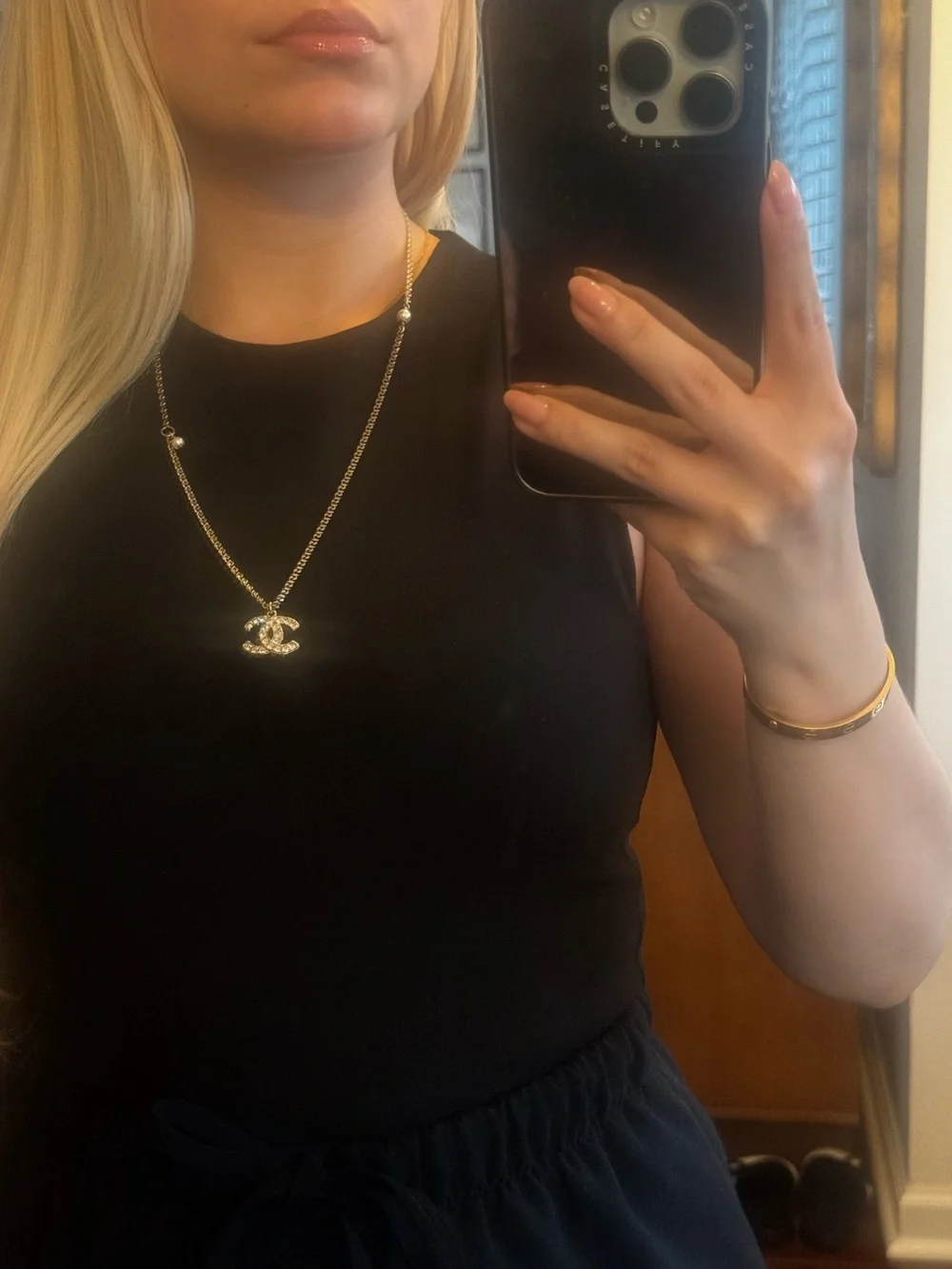 CHANEL Gold CC Logo Chain Necklace with Pearl Accent-21A